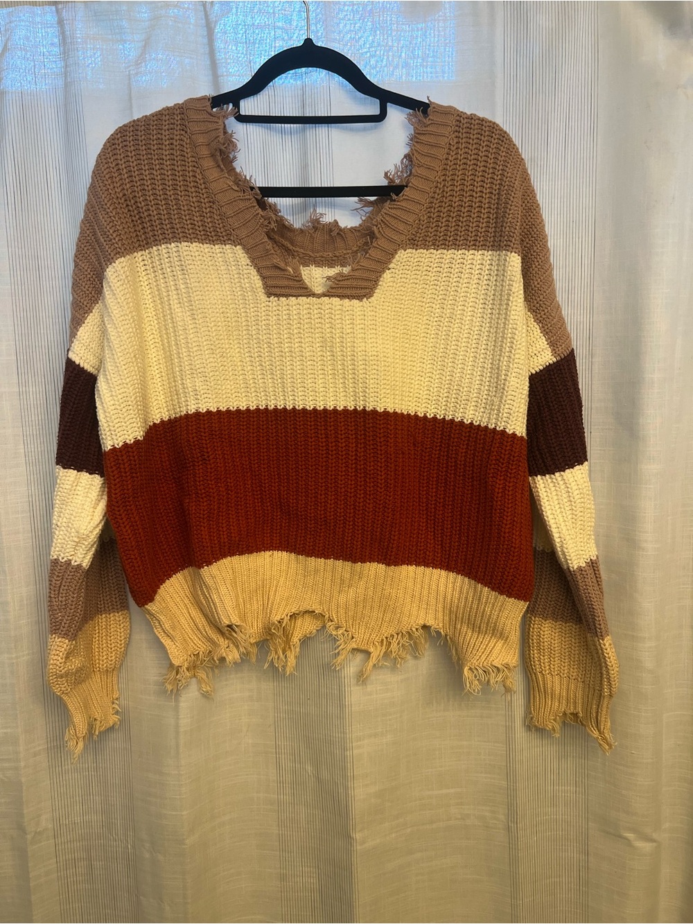 Beautiful boho gradient distressed sweater with burnt orange and grey accents